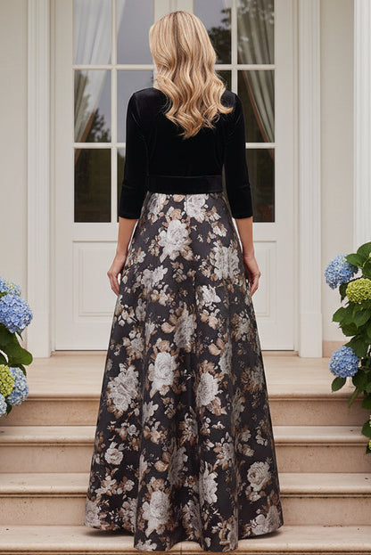 Velvet Bodice Floral A-Line Evening Gown