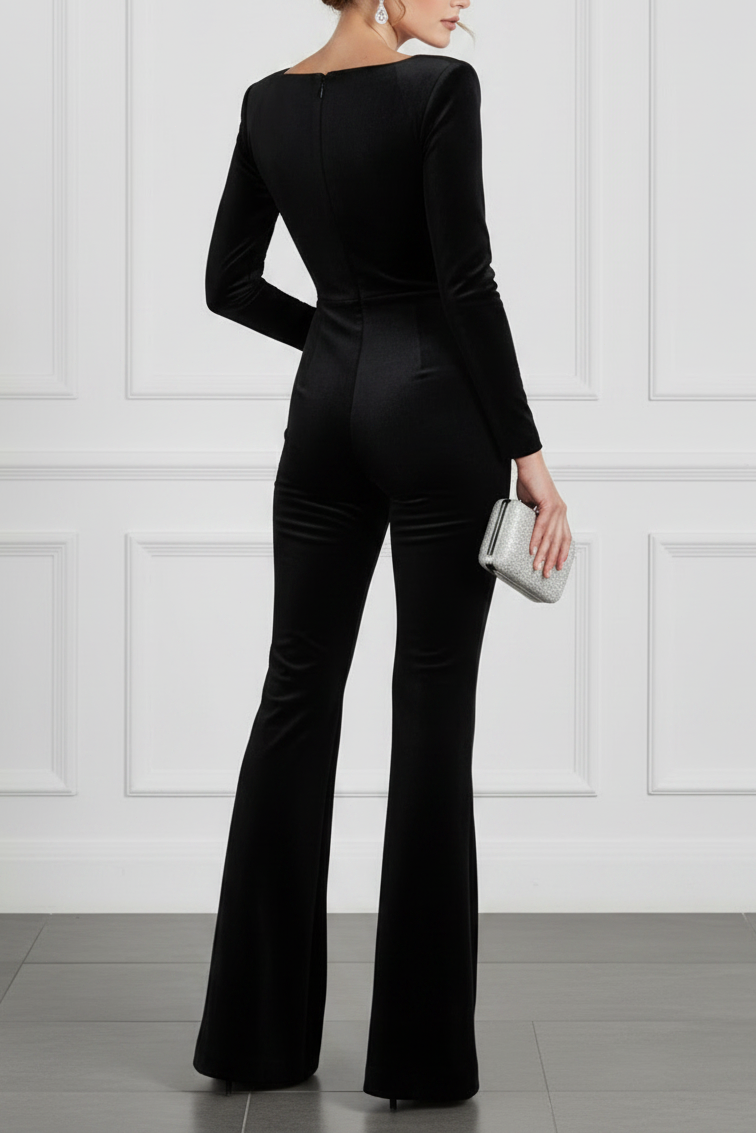 Black Velvet Crystal-Embellished Square Neck Long Sleeve Flare Jumpsuit