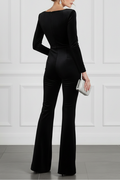 Black Velvet Crystal-Embellished Square Neck Long Sleeve Flare Jumpsuit