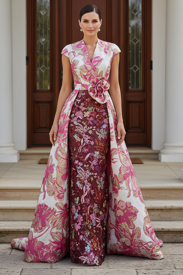 Floral Jacquard and Lace Gown with Overskirt