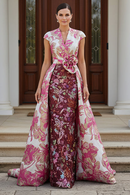 Floral Jacquard and Lace Gown with Overskirt
