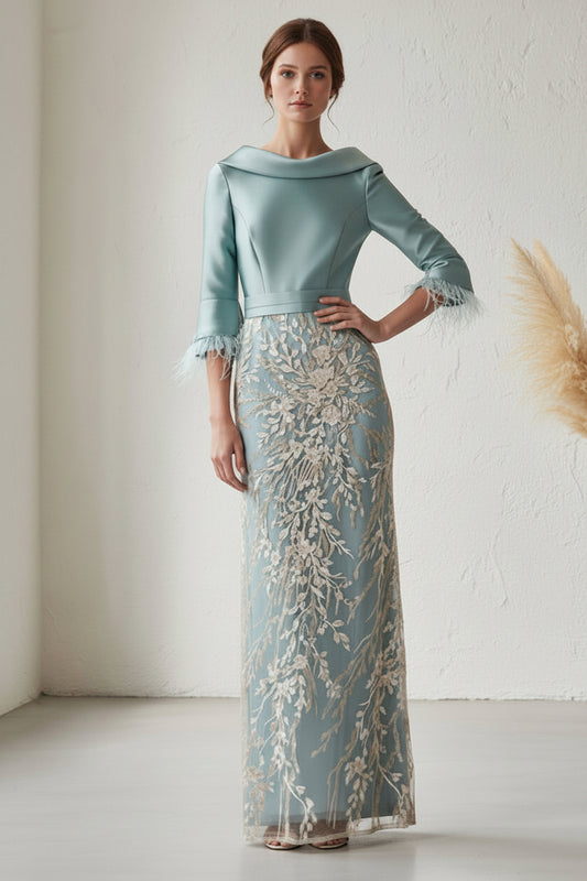 Elegant Embroidered Bateau Neck Feather Trim Gown