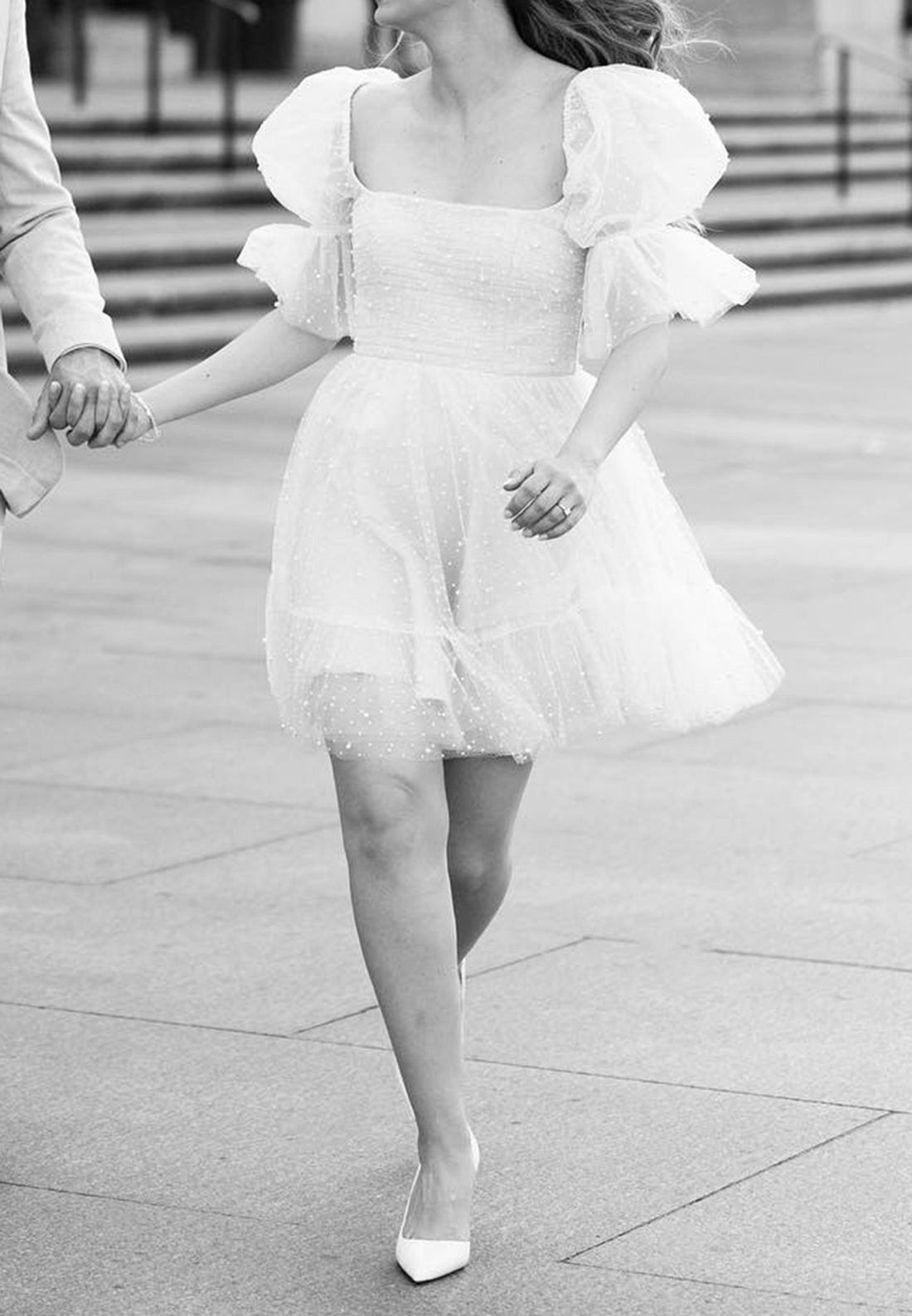 Pearl-Embellished Tulle Puff Sleeve Mini Dress