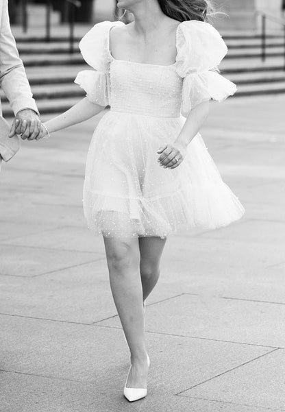 Pearl-Embellished Tulle Puff Sleeve Mini Dress
