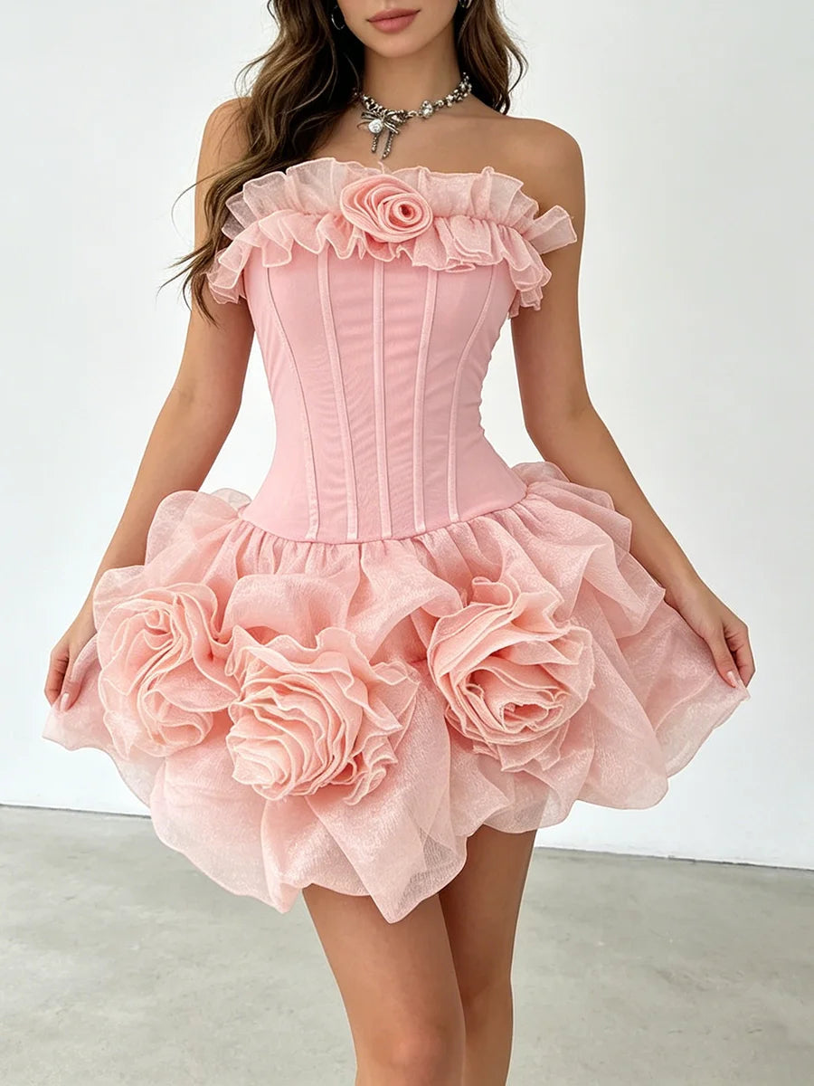 Strapless Corset 3D Rose Ruffle Mini Dress