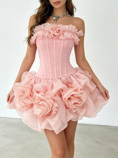Strapless Corset 3D Rose Ruffle Mini Dress