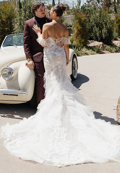 Lace Applique Mermaid Wedding Dress with Train