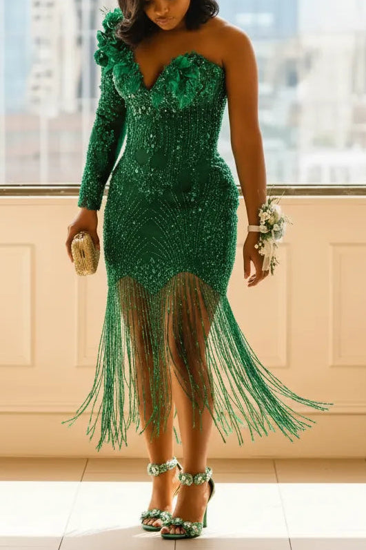 One-Shoulder Beaded Fringe Mesh Mini Dress