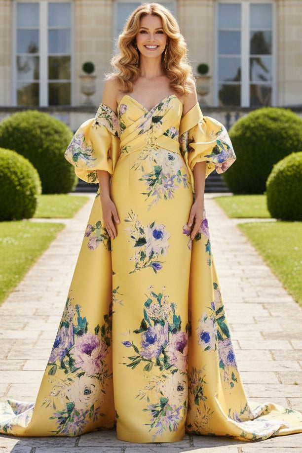 Floral Strapless Evening Gown with Puff Sleeve Cape