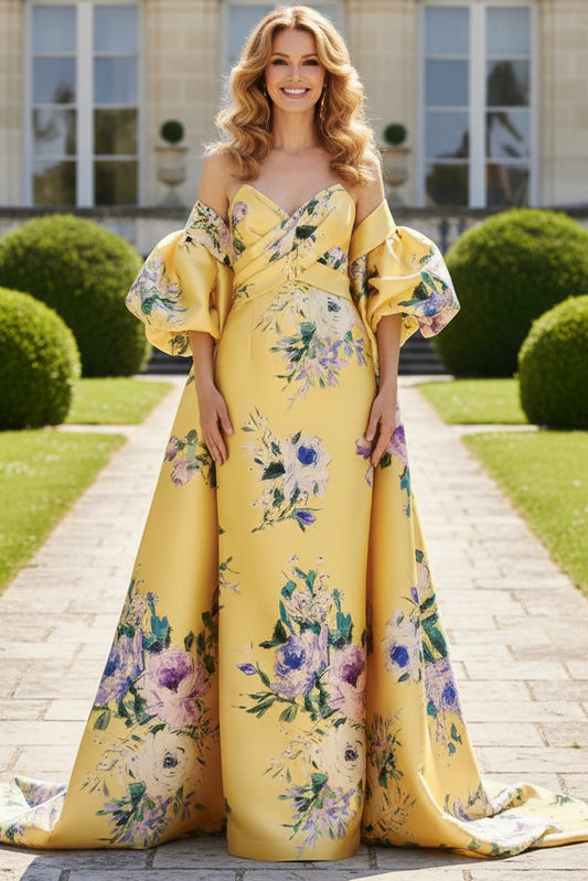 Floral Strapless Evening Gown with Puff Sleeve Cape