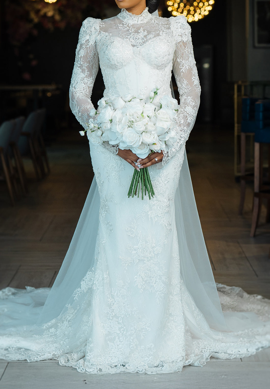 High-Neck Lace Mermaid Wedding Dress with Long Sleeves