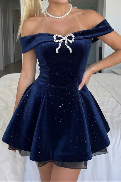 Off the Shoulder Velvet Fit and Flare Mini Dress