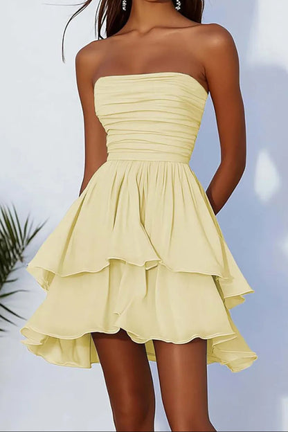 Strapless Ruched Tiered Ruffle Mini Dress