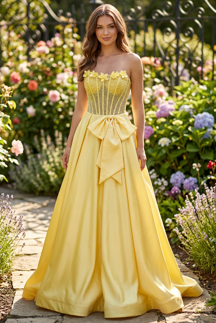 Strapless Beaded Corset Gown with Waist Bow