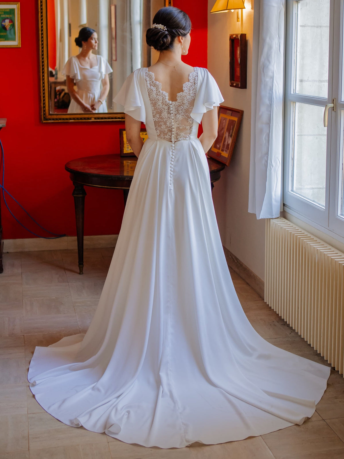 A-Line Bridal Gown with Flutter Sleeves & Lace