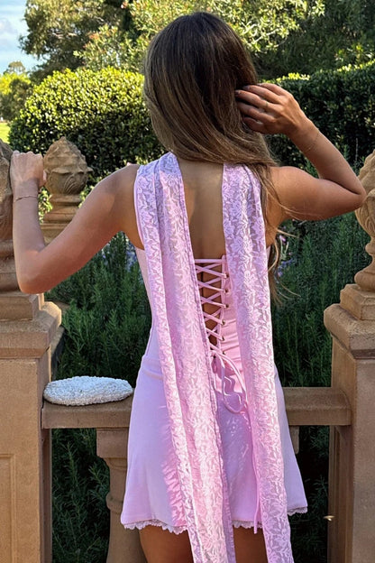 Corset Mini Dress with Lace Trim and Back Scarf