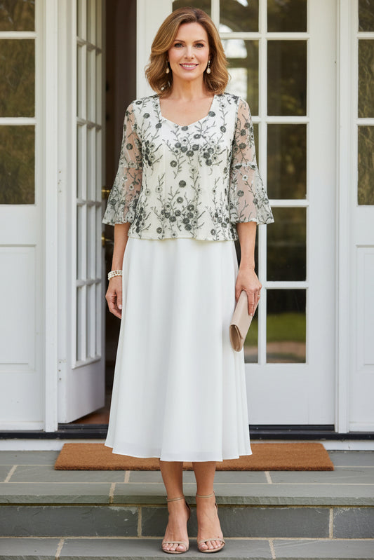 A-Line Tea-Length Dress with Embroidered Jacket