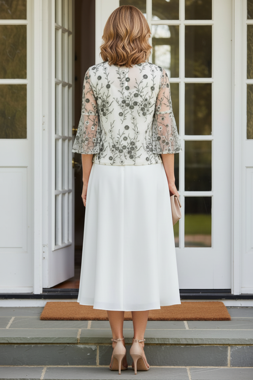 A-Line Tea-Length Dress with Embroidered Jacket
