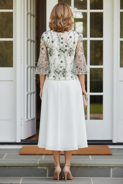 A-Line Tea-Length Dress with Embroidered Jacket