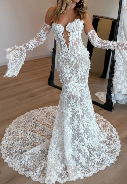 Floral Lace Plunge Mermaid Wedding Dress with Sleeves