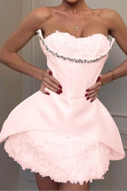 Strapless Corset Mini Dress with 3D Floral Skirt
