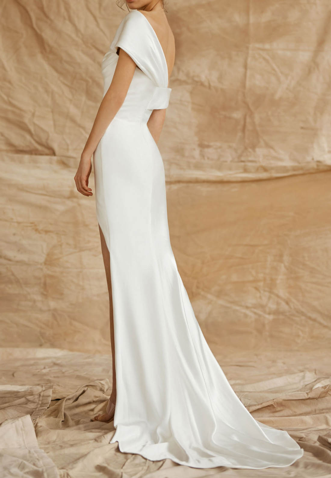 One-Shoulder Satin Wedding Dress with High Slit