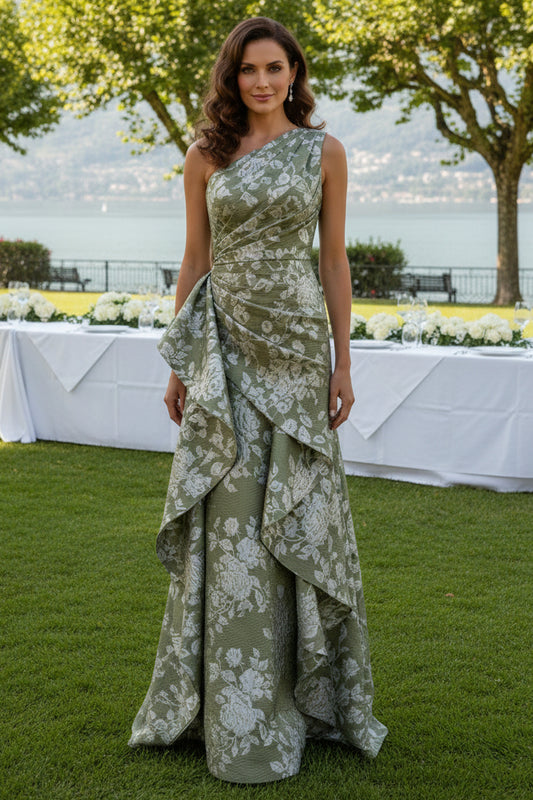 One-Shoulder Jacquard Gown with Side Draping