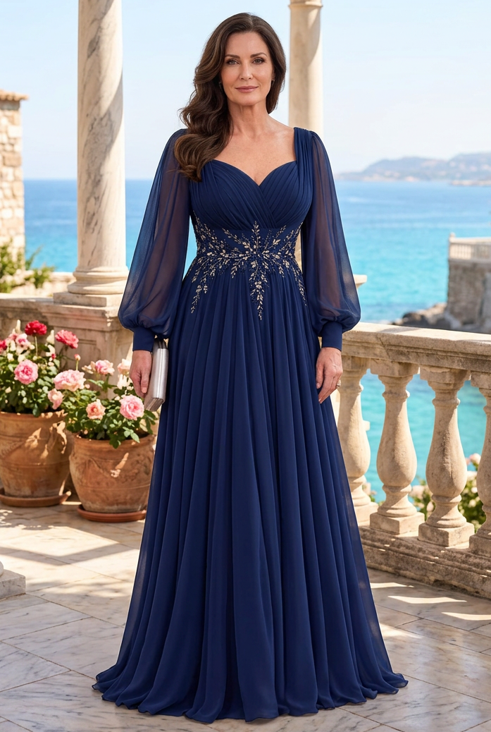 A-Line Gown with Bishop Sleeves and Beading