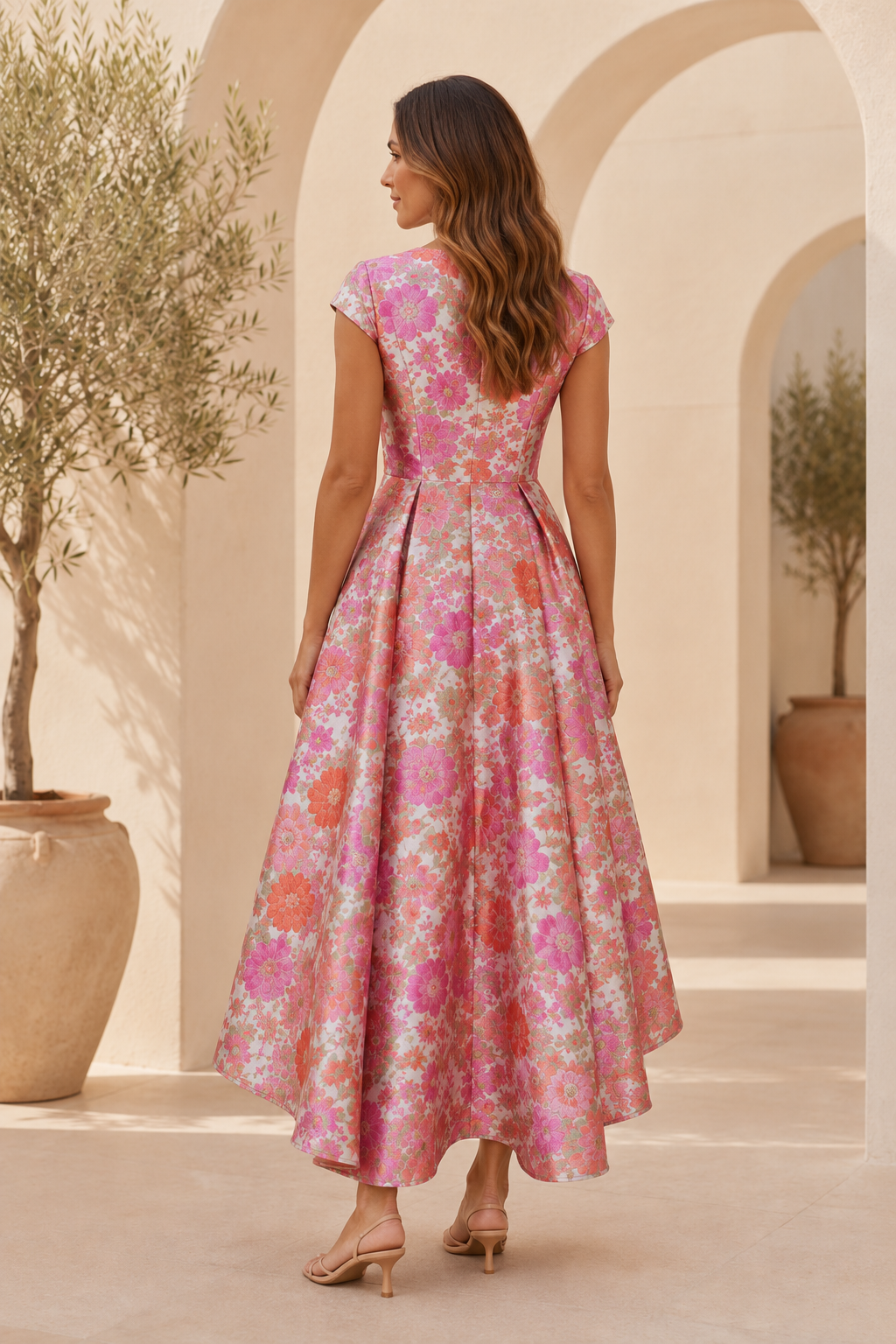 Floral Jacquard High-Low A-Line Dress