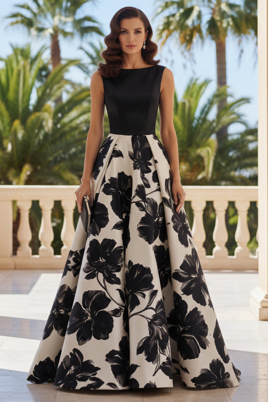 Floral Print Bateau Neck A-Line Evening Gown