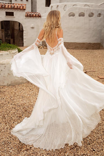 Lace Applique A-Line Dress with Dramatic Bell Sleeves