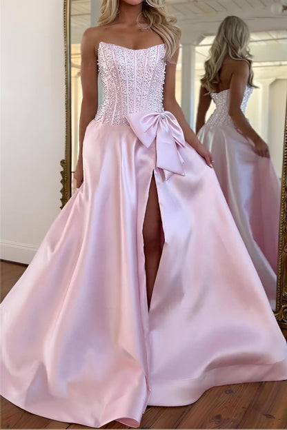 Strapless Beaded Bodice Ball Gown with Bow
