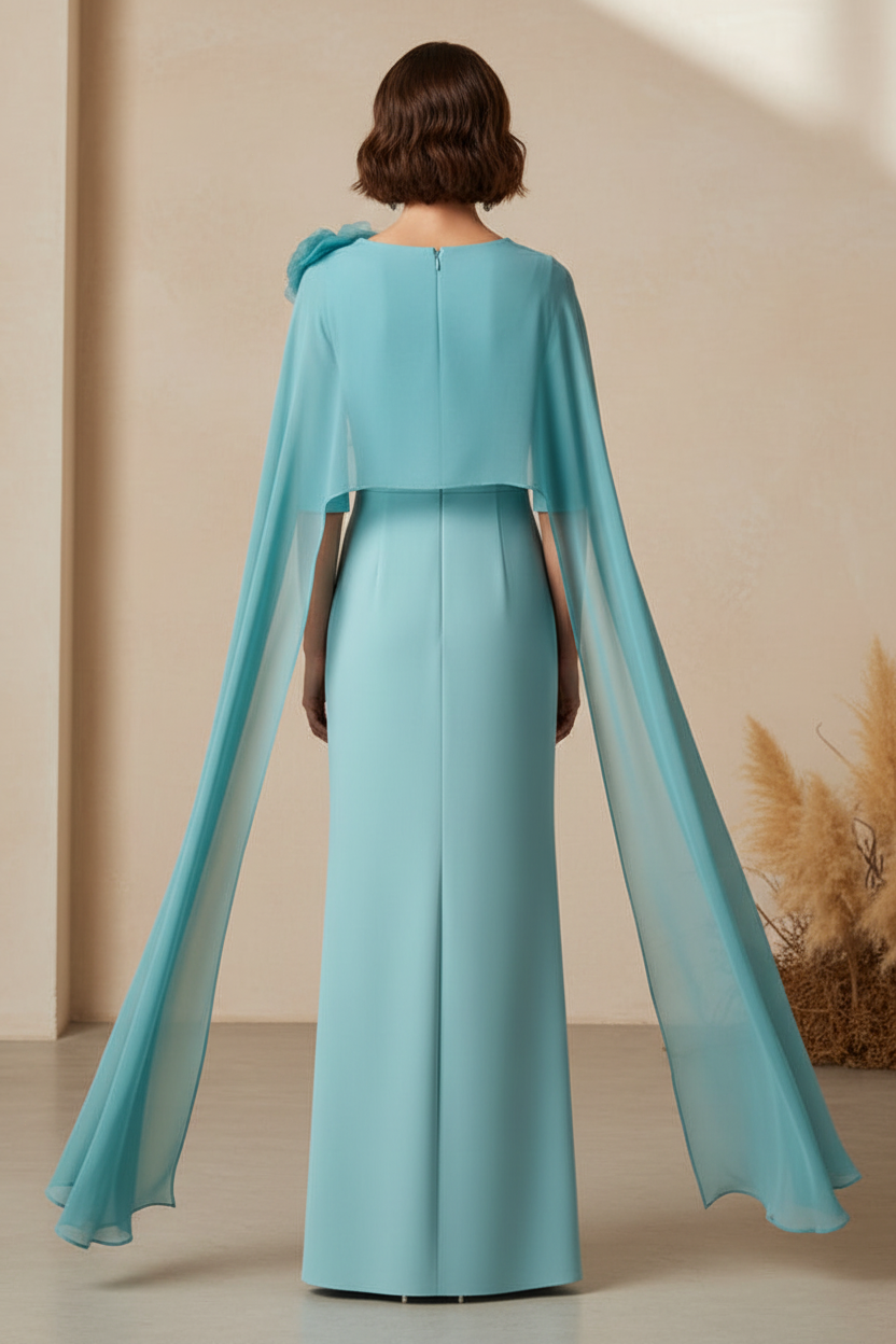 Elegant Cape Sheath Gown with 3D Flower