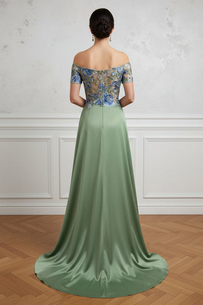 Floral Applique Off-Shoulder Satin Evening Gown