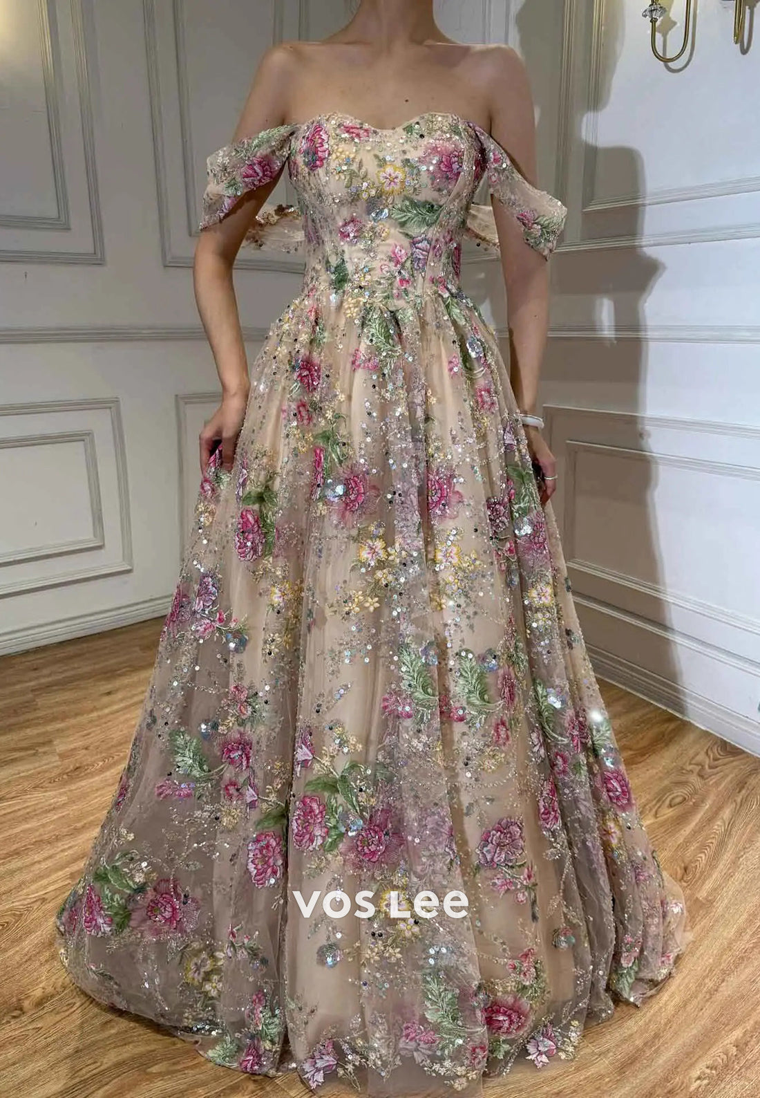 Off-the-Shoulder Floral Embroidered A-Line Gown