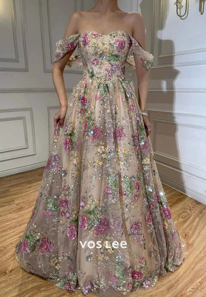 Off-the-Shoulder Floral Embroidered A-Line Gown