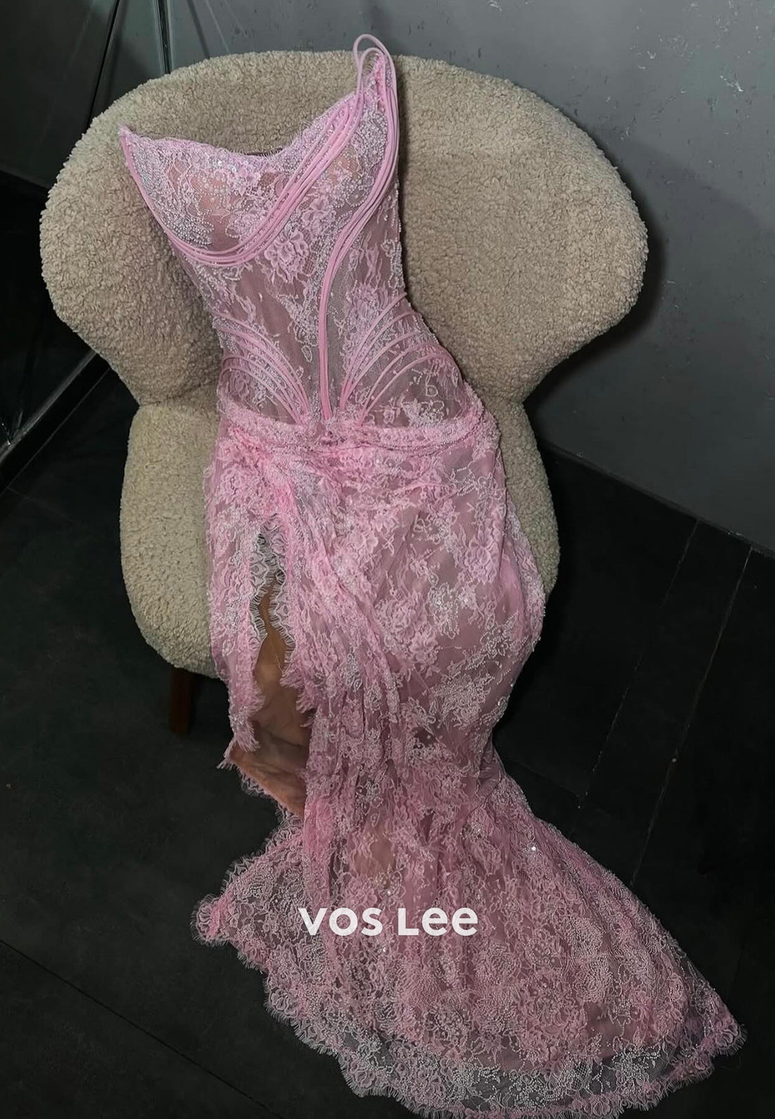 Lace Corset Evening Gown with High Slit