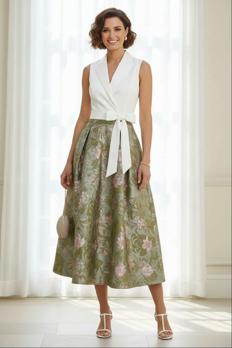 Sleeveless Collar Neck Jacquard A-Line Midi Dress