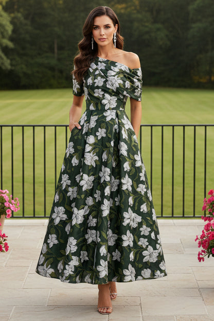 Off-Shoulder Floral Jacquard Tea-Length Dress