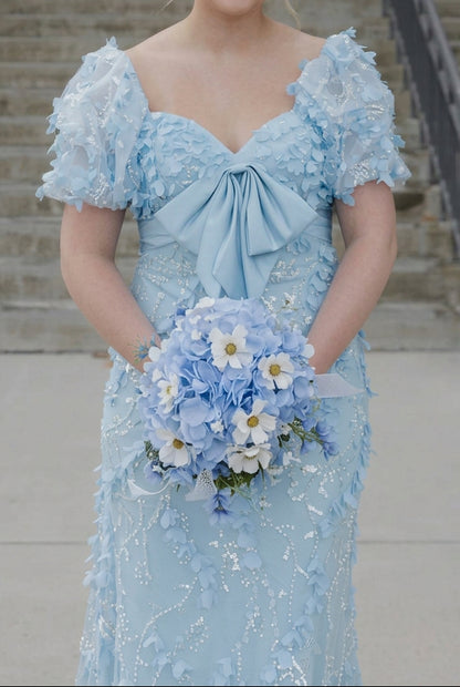 3D Floral Sequin Gown with Bow Accent