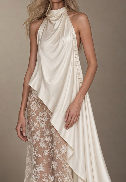 Halter High-Low Draped Train Gown with Lace