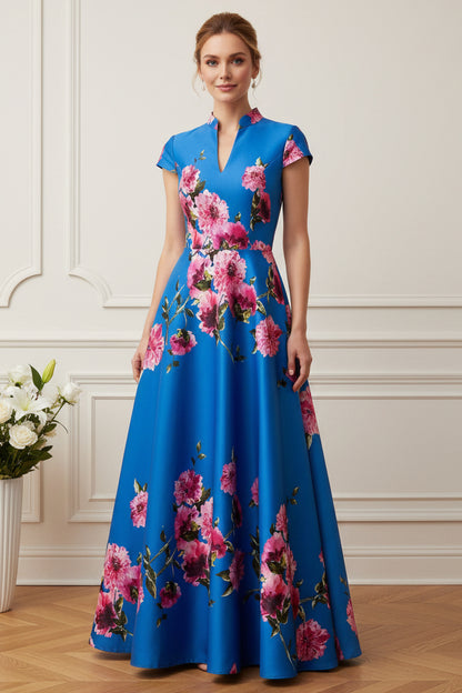 Floral A-Line Evening Gown with Cap Sleeves