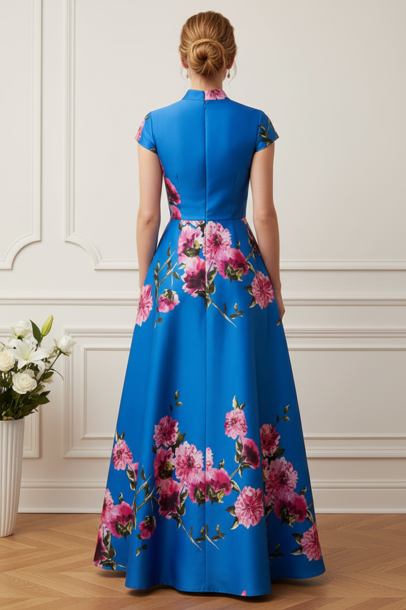 Floral A-Line Evening Gown with Cap Sleeves