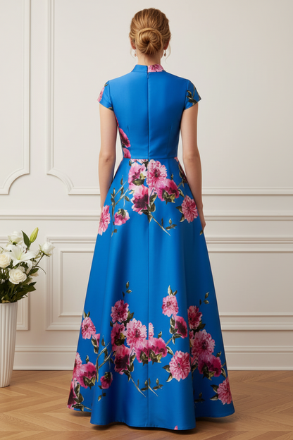 Floral A-Line Evening Gown with Cap Sleeves