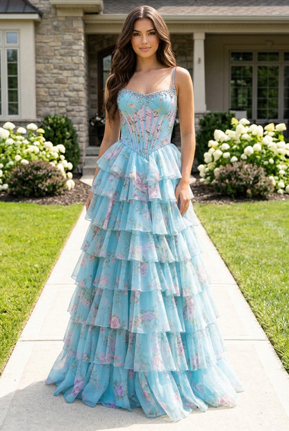 Tiered Ruffle Corset Gown with Floral Print