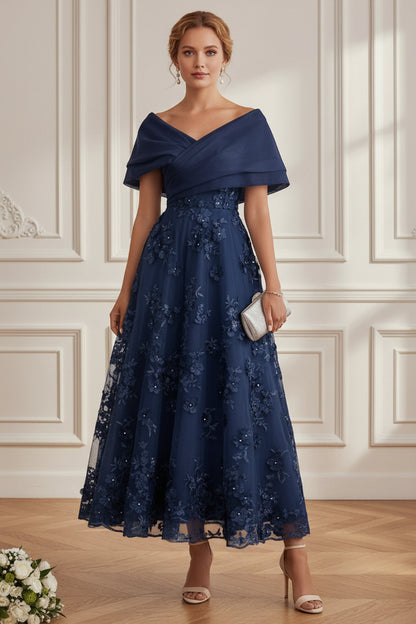 Off-the-Shoulder 3D Floral Tea-Length Dress