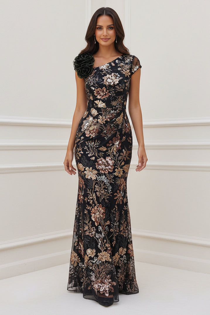 Sequined Cap Sleeve Column Gown with 3D Flower