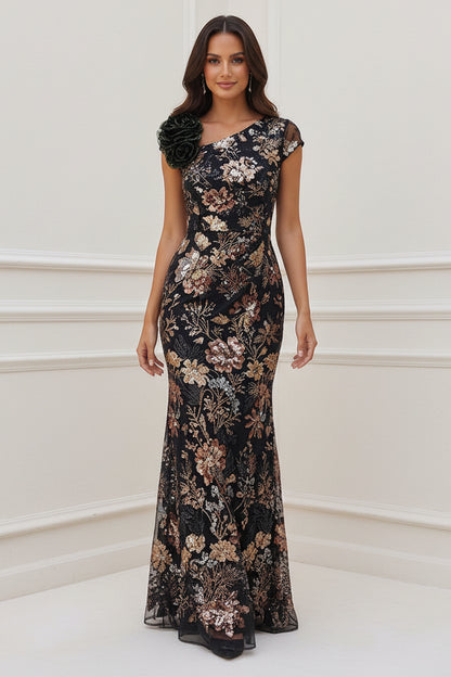 Sequined Cap Sleeve Column Gown with 3D Flower