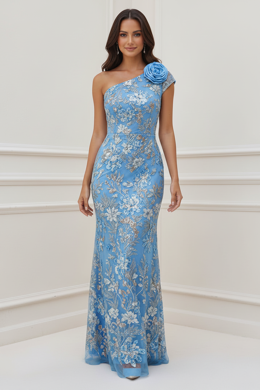 Sequined Cap Sleeve Column Gown with 3D Flower