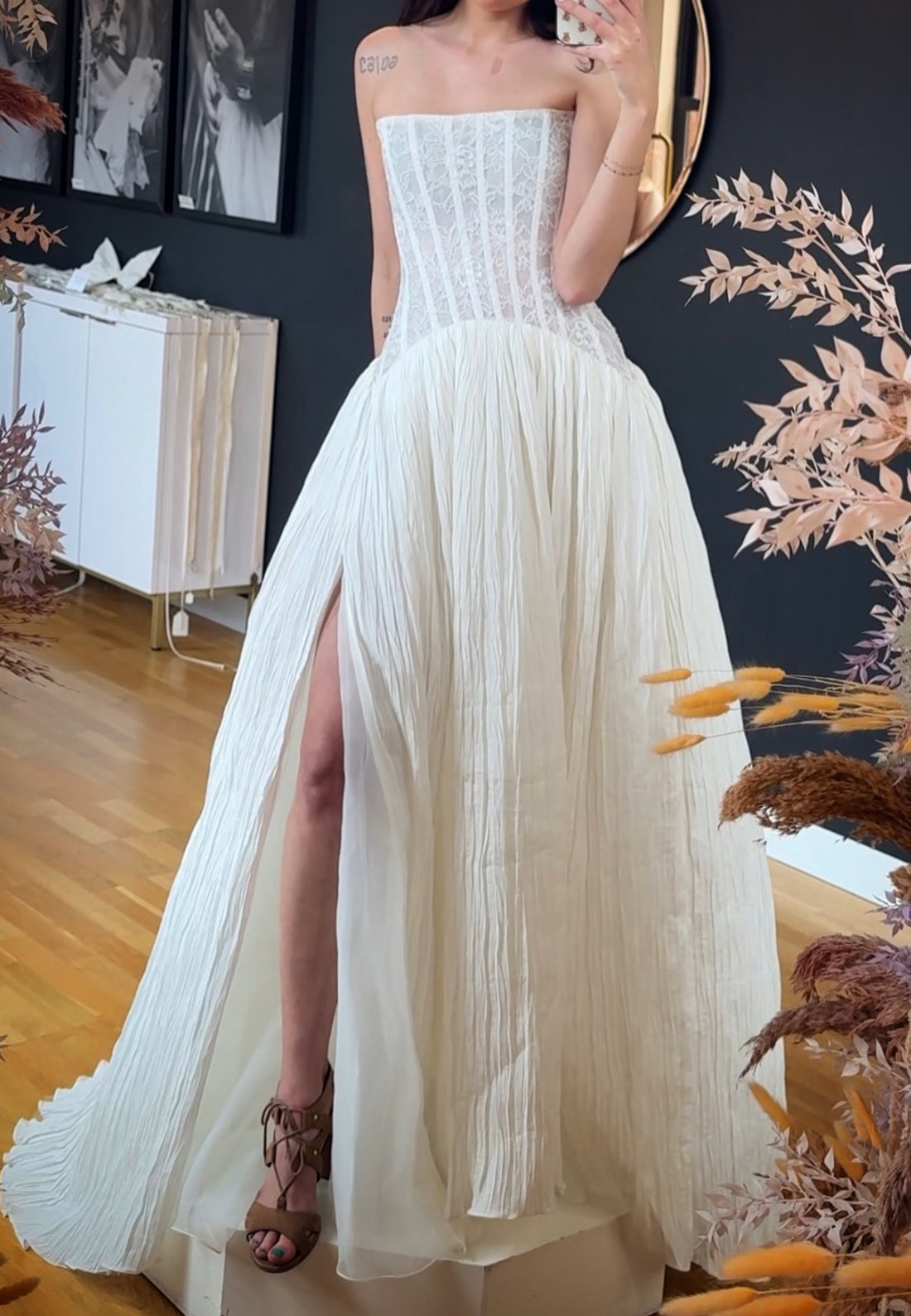 Strapless Lace Corset Pleated A-Line Wedding Dress